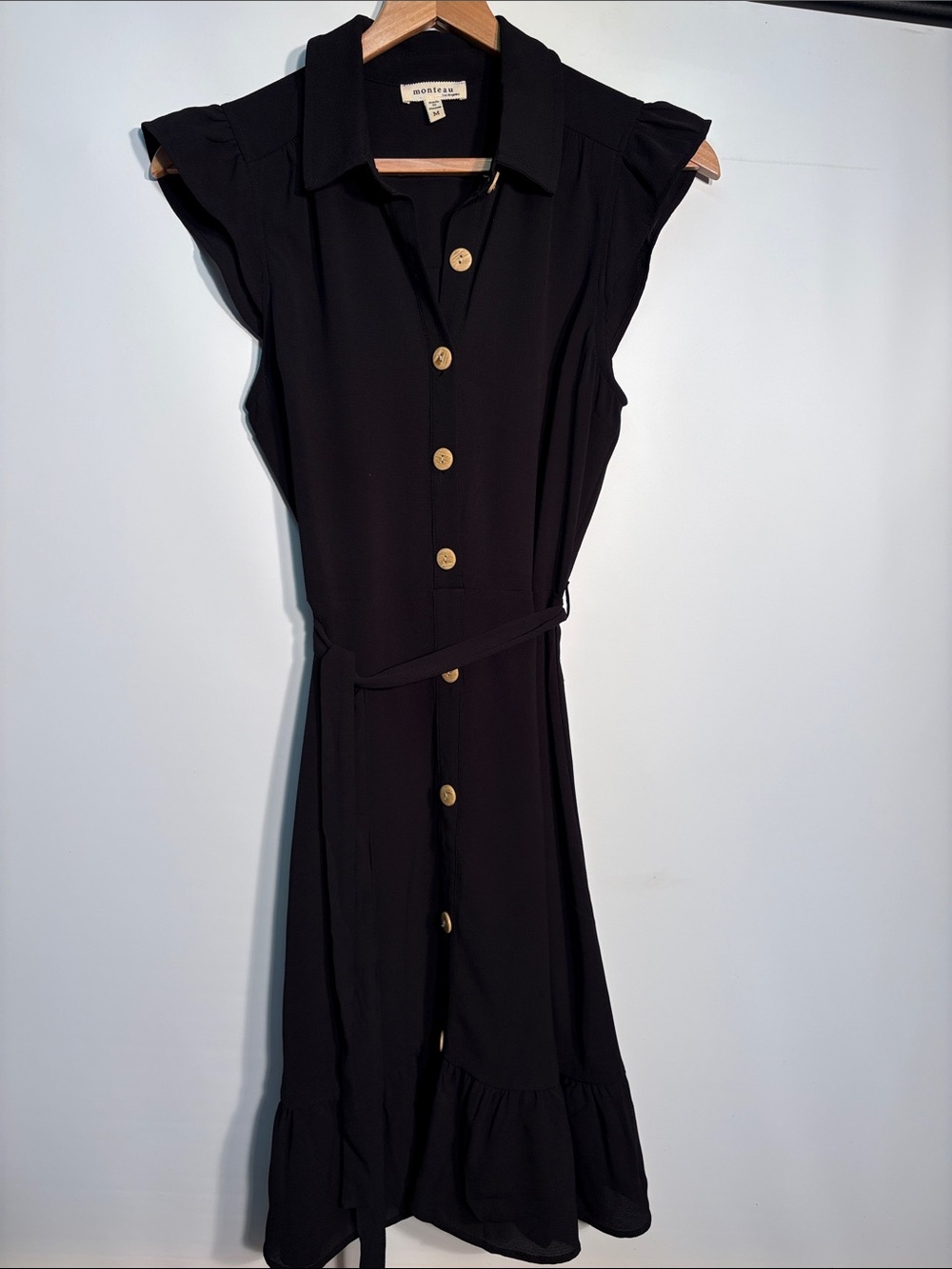 Cap Sleeve Black Midi Dress with Ruffle Hem and Tan Buttons